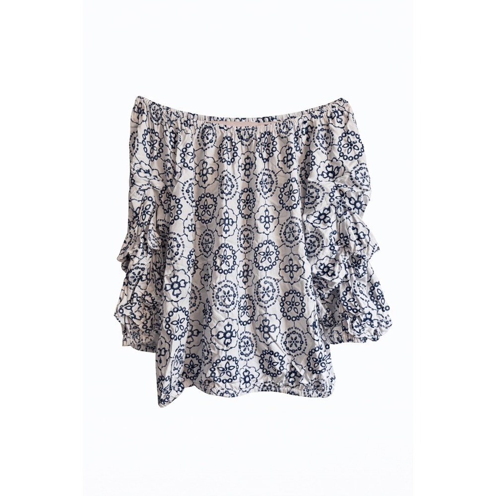 Vince Camuto Blue White Off Shoulder Blouse XL Boho Peasant Resort Top